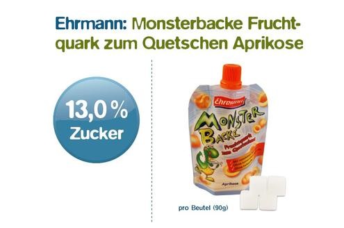 4. Monsterbacke sei „so wichtig wie das tägliche Glas Milch“, behauptet Ehrmann. Die Milch ist allemal vorzuziehen, denn Monsterbacke enthält zweieinhalb mal so viel Zucker wie Milch – 11,7 Gramm beziehungsweise 4 Stück pro Quetsch-Beutel sind es.