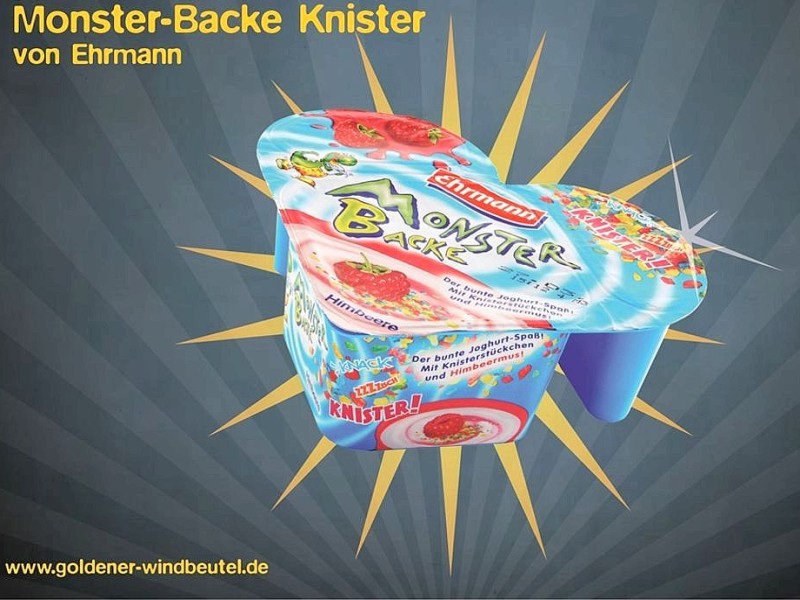 Platz 4: Monsterbacke Knister von Ehrmann. Die „kunterbunten Knisterkristalle“ in dem„Fun- und Action-Joghurt“ prickeln und zischen beim Essen. Auch Zungenfärber- und Blubber-Varianten sind auf dem Markt. Foodwatch kritisiert, dass hier eine Zuckerbombe als Spielzeuggegen Langeweile vermarktet wird – denn in einem Becher stecken umgerechnet rund acht Stück Würfelzucker. Voting-Ergebnis: 9,7 Prozent.