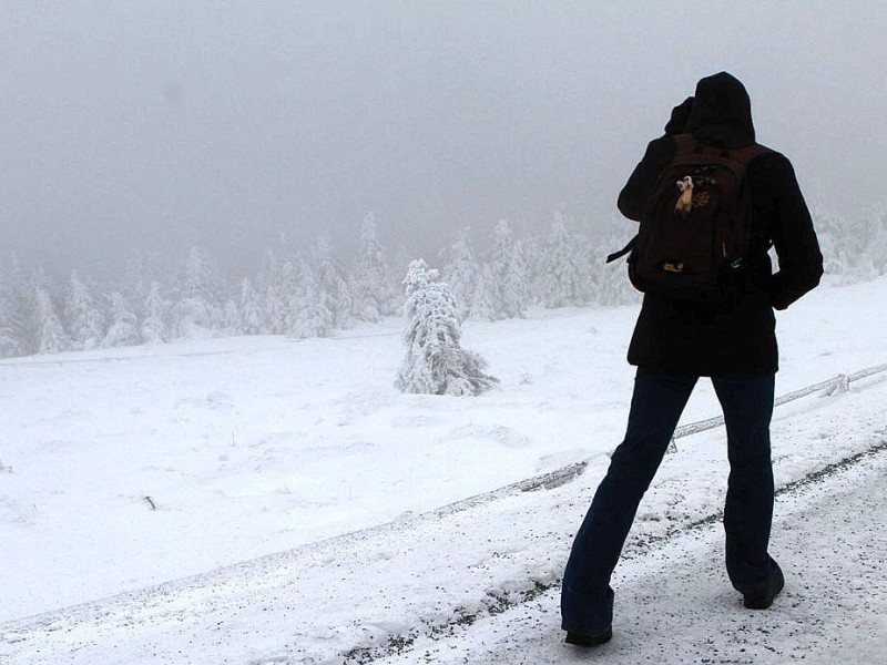 Dieser Donnerstag ist kein Tag, an dem man gerne draußen ist. Doch dieser Wanderer traut sich auf den Brocken. Der höchste Berg des Harzes...