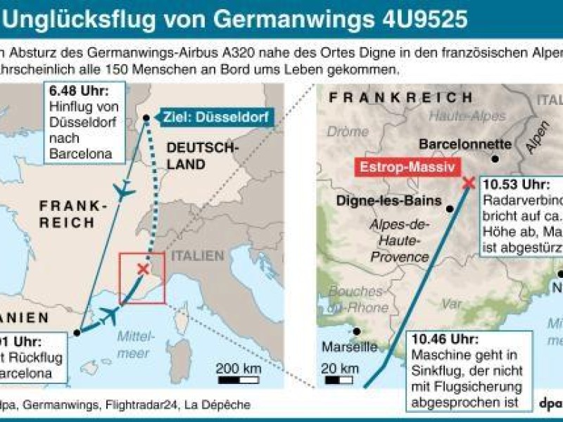 Die Karte zeigt den Flugweg des Germanwings-Airbus.