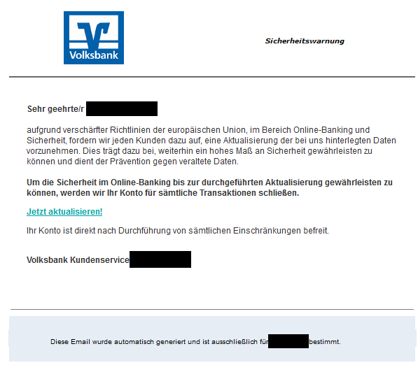 Die Verbraucherzentrale warnt vor einer E-Mail, die vermeintlich von der Volksbank verschickt wird. Dahinter stecken jedoch Betrüger.