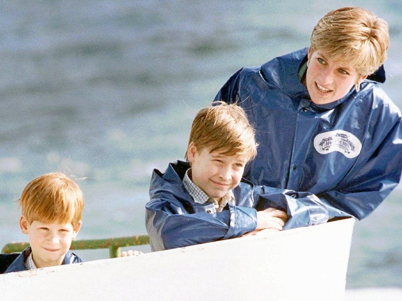 Diana besichtigt im Oktober 1991 mit ihren Söhnen Prinz William (M) und Prinz Harry die Niagara Fälle (USA).