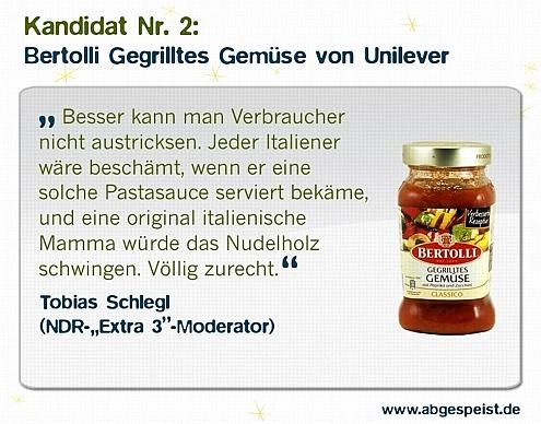 ...weil im „Gegrillten Gemüse“ sich nach der Rezeptumstellung ziemlich unklassische Zutaten wie geschmacksverstärkender Hefeextrakt und ein Aroma, über dessen Herkunft Unilever keine genauere Auskunft geben möchte, verstecken. Was für eine Rezepturverbesserung – Mamma Mia!