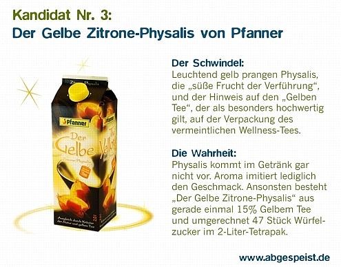 ...darunter prangen zwei reife Physalis. Ein Getränk aus Gelbem Tee mit Physalis also? Falsch gedacht, der namengebende Gelbe Tee – der als besonders hochwertig gilt – macht gerade einmal 15% aus. Der Rest ist Kräutertee. 