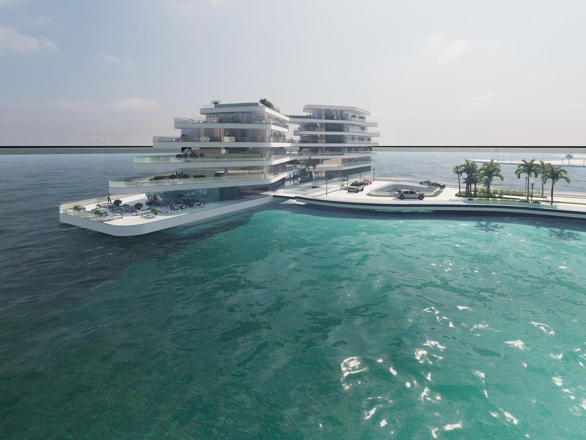 Solche Hotels wie in der Illustration will die Papenburger Meyer-Werft in Zukunft bauen. Das Geschäft mit schwimmenden Immobilien («Floating Real Estate») habe großes Potenzial. Das Kerngeschäft soll der Schiffbau bleiben. (zu dpa: «Neues Projekt: Immobilien aus der Meyer-Werft») Foto: Meyer Floating Solutions/dpa