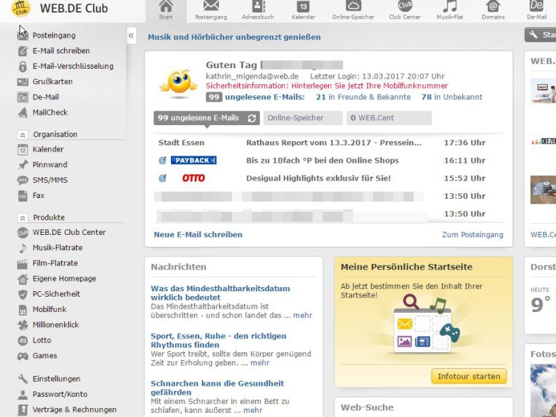 Die Oberfläche sieht nach der Anmeldung erstmal wie immer aus. Nur oben links steht Web.de Club.