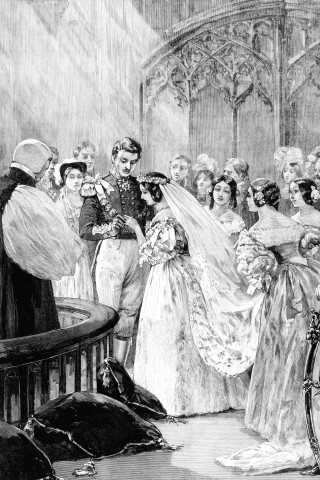 Stich der Hochzeit von Königin Victoria und Prinz Albert 1840. Die britische Königin gilt als Trendsetterin, was weiße Brautkleider angeht.