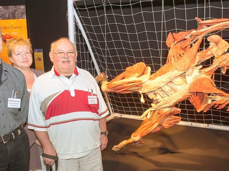 Die Themenausstellung Körperwelten und der Zyklus des Lebens mit Plastinaten des menschlichen Körpers ist erstmals im Ruhrgebiet zu sehen, in Bochum an der Hermannshöhe, am Donnerstag, den 29. August  2013 in Bochum. Heinz Hölscher, Svenja Stadermann und Andreas Mühlenbernd stellen ihren Körper nach dem Tod Körperwelten zur Verfügung.  Foto: Ingo Otto / WAZ FotoPool