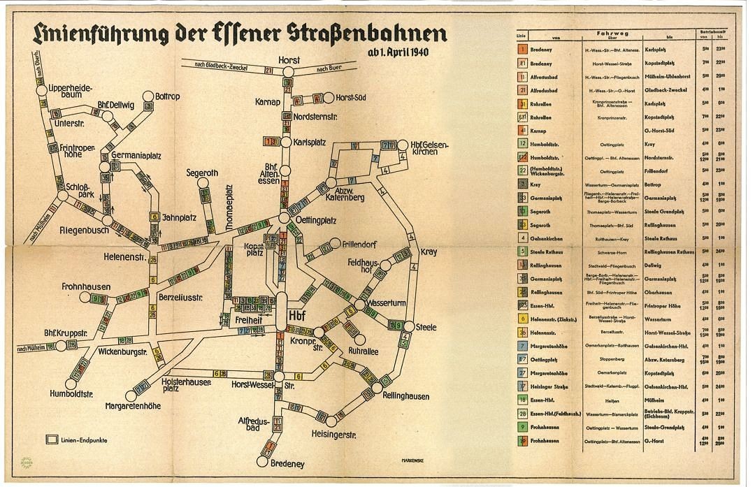 Das Lininenetz der Essener Straßenbahnen 1940. Die meisten Strecken, vor allem die großen Hauptlinien gibt es noch, einige fielen Vereinfachungen oder geringer Kundenzahl zum Opfer: Die Straßenbahn an der Ruhrallee bis Elisebath-Krankenhaus, zum Stadtwaldplatz, nach Bottrop oder am Südwestfriedhof sind schon länger Geschichte.