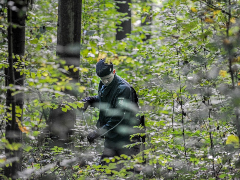 Die Polizei sucht den geistig zurückgebliebenen, jungen Mann mit Hochdruck: Hunde, Helikopter und Hundertschaften kamen bislang mehrfach zum Einsatz. Das Foto zeigt Polizisten einer Hundertschaft, die am Freitag, 27. September, ein kleines Waldstück in Frillendorf und Stoppenberg durchstreiften.