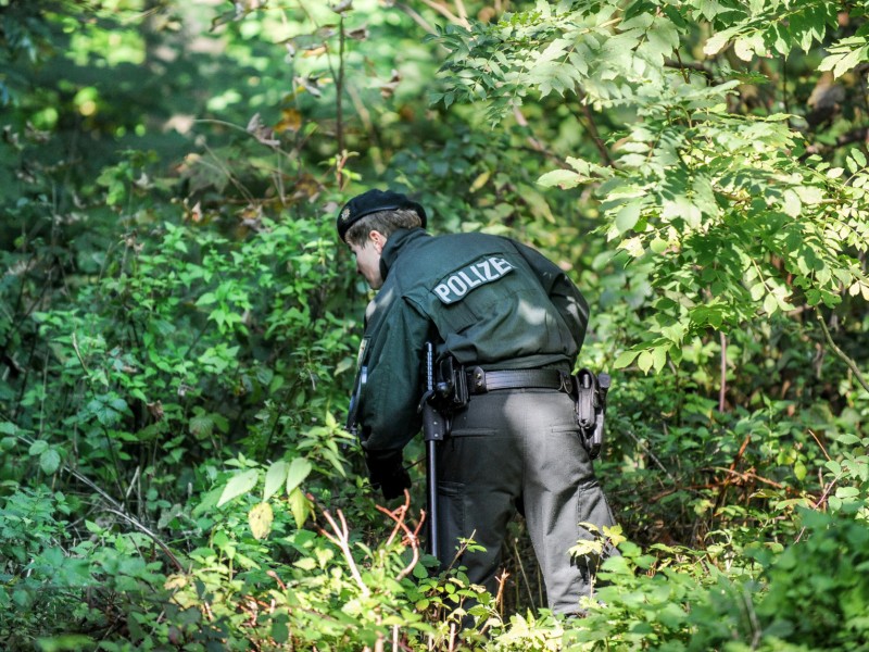 Die Polizei sucht den geistig zurückgebliebenen, jungen Mann mit Hochdruck: Hunde, Helikopter und Hundertschaften kamen bislang mehrfach zum Einsatz. Das Foto zeigt Polizisten einer Hundertschaft, die am Freitag, 27. September, ein kleines Waldstück in Frillendorf und Stoppenberg durchstreiften.