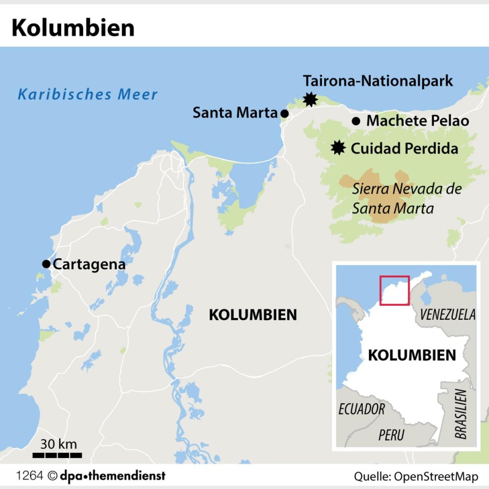 Die Cuidad Perdida - die Verlorene Stadt - liegt abgelegen im bergigen Dschungel der Sierra Nevada de Santa Marta im Norden Kolumbiens.