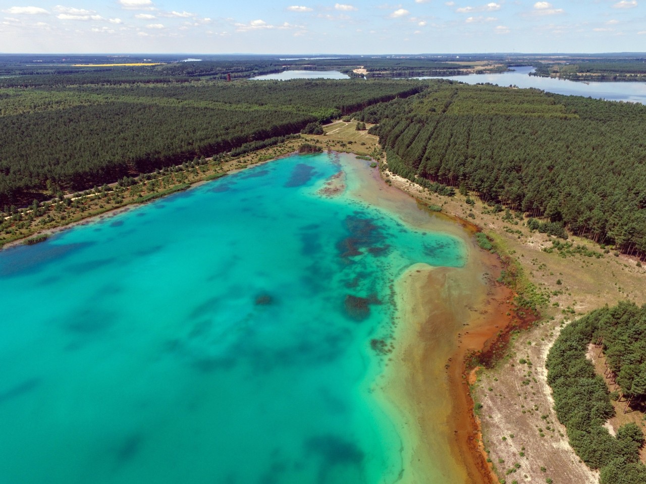 Der Partwitzer See schimmert in türkisblau.