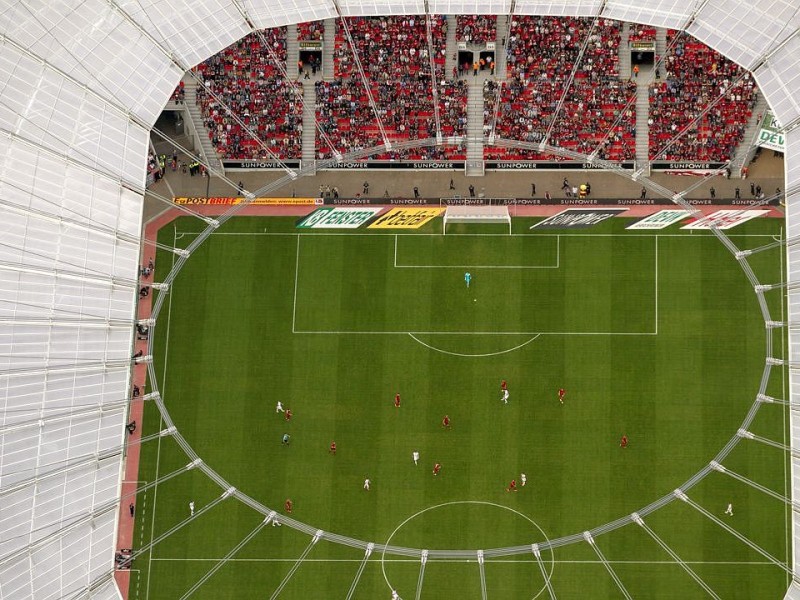 Luftbild, BayArena, Bay-Arena, Bayer Leverkusen gegen FSC Mainz 2:2, Fussballstadion, Bundesliga, Fansblocks,  Leverkusen, Rheinland, Nordrhein-Westfalen, Deutschland, Europa