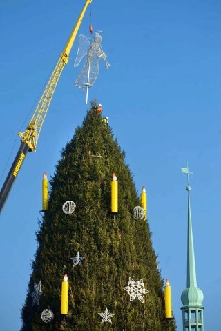 Der Engel wird auf der Spitze des Dortmunder Weihnachtsbaums angebracht. Riesentanne Weihnachtsmarkt.Foto: Knut Vahlensieck