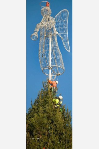 Der Engel wird auf der Spitze des Dortmunder Weihnachtsbaums angebracht. Riesentanne Weihnachtsmarkt.Foto: Knut Vahlensieck