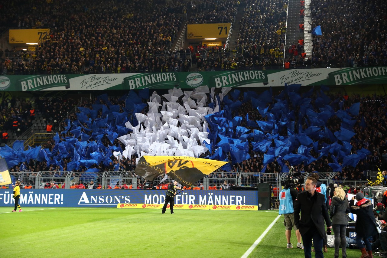 Kleine Schwenker gehen immer: Schönes Kurvenbild des Schalker Gästeblocks im Westfalenstadion im Oktober 2016.