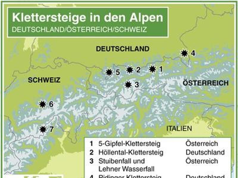 Klettersteige sind besondere Wege im Gebirge, sie bieten direkten Kontakt mit der Natur und meist eine wunderbare Aussicht. In den Alpen gibt es jede Menge Routen. Karte: dpa-infografik