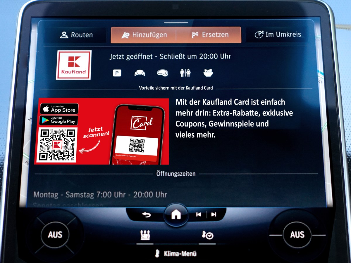 Auf einem Navi werden Informationen zu Kaufland angezeigt.