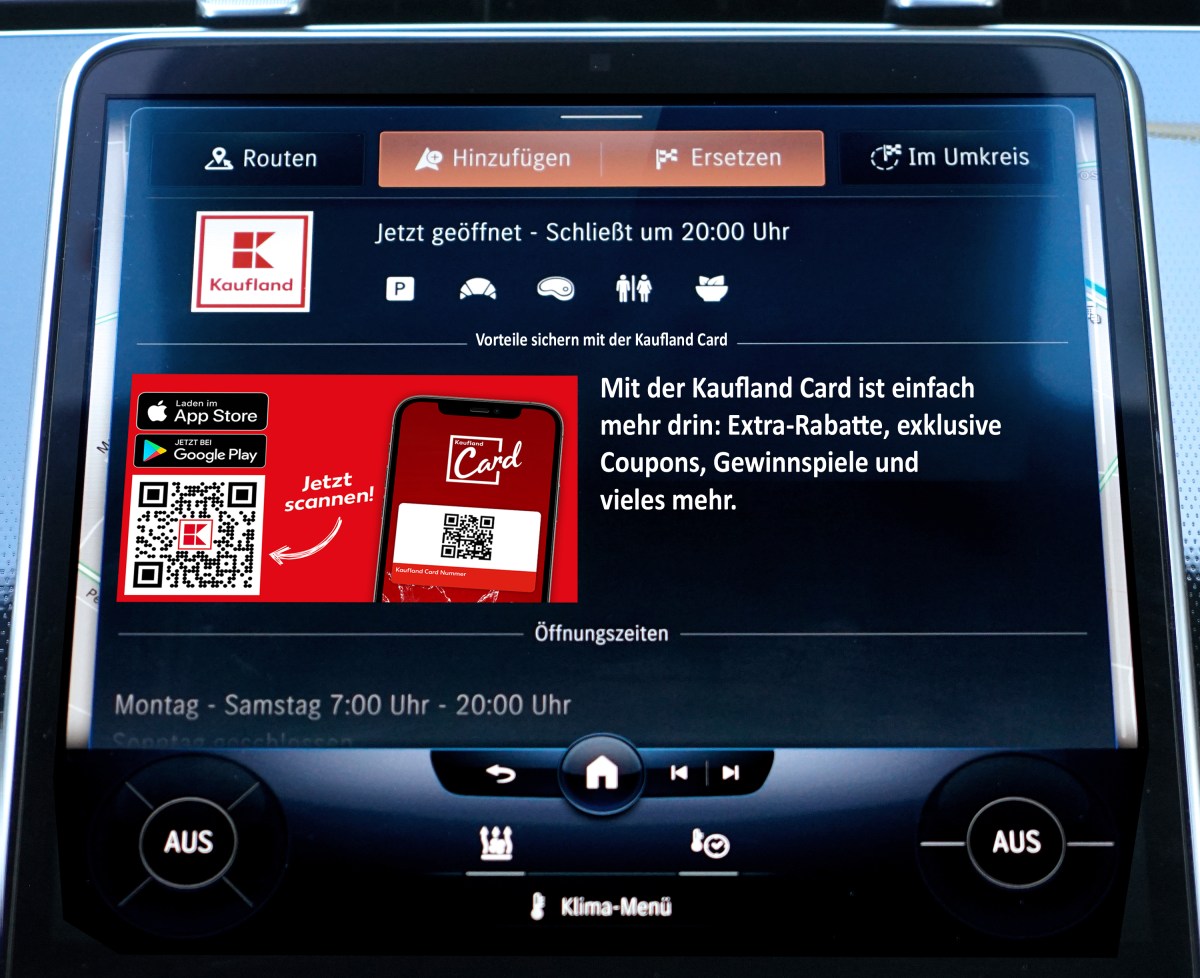 Auf einem Navi werden Informationen zu Kaufland angezeigt.