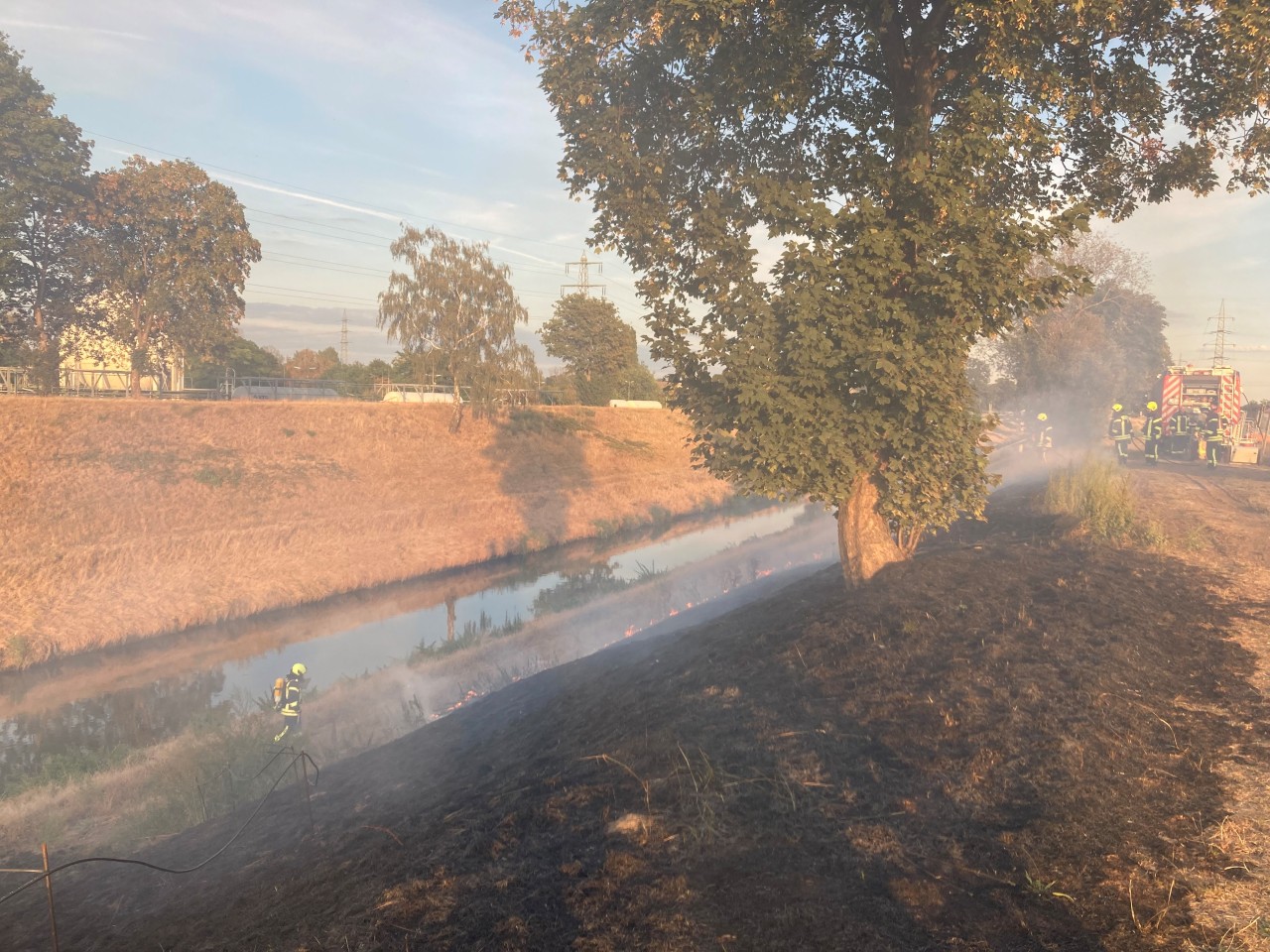 In Oberhausen brannten an der Emscher plötzlich 300 Quadratmeter Vegetation. Die Feuerwehr konnte alles löschen. 