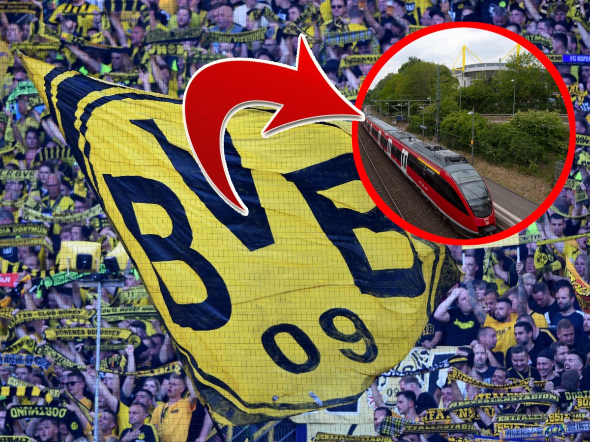 Fans von Borussia Dortmund schwenken eine Fahne auf der Südtribüne.