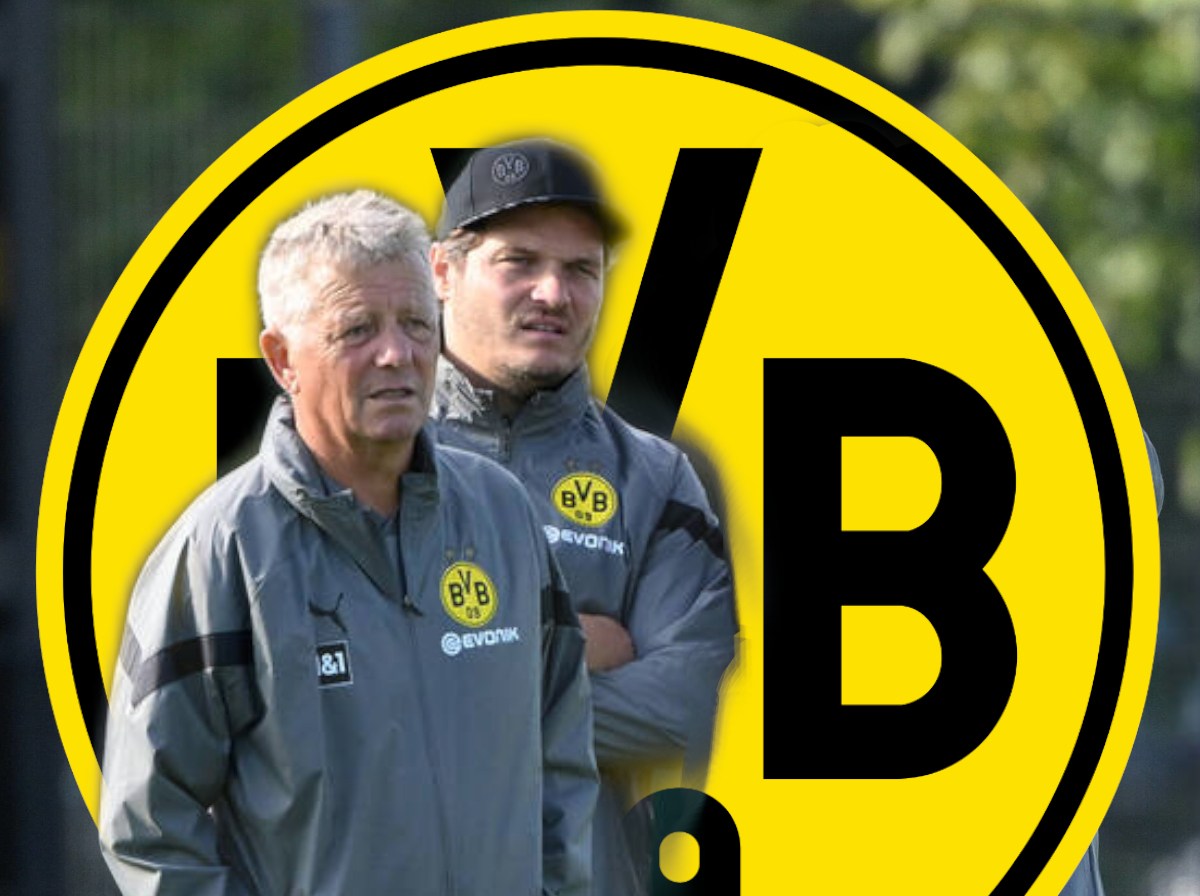 Edin Terzic und Peter Hermann schauen böse vor einem Logo von Borussia Dortmund.