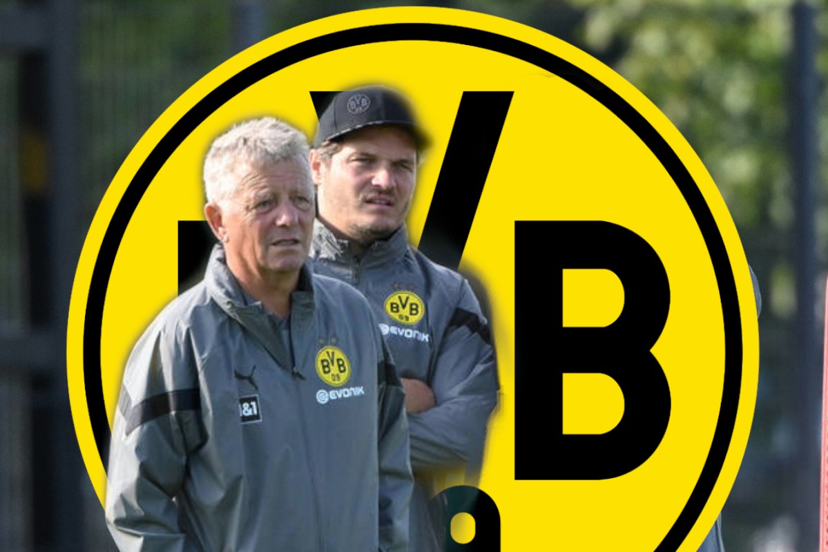 Edin Terzic und Peter Hermann schauen böse vor einem Logo von Borussia Dortmund.