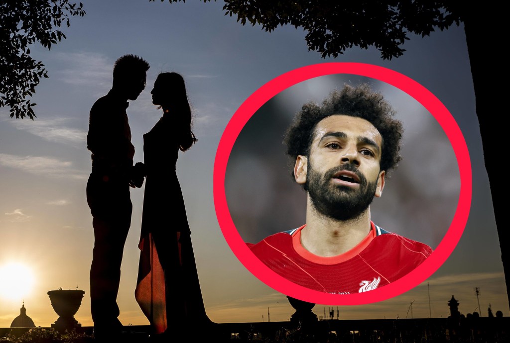 Collage: Ein Hochzeitspaar posiert für ein Foto. Ein kreisrunder Ausschnitt zeigt das Gesicht von Nationalspieler Mo Salah.