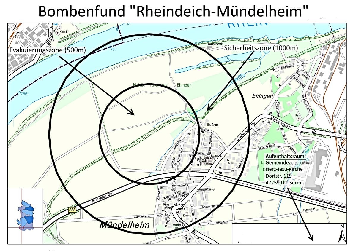 Die Karte zeigt die  Evakuierungs- und Sicherheitszone.