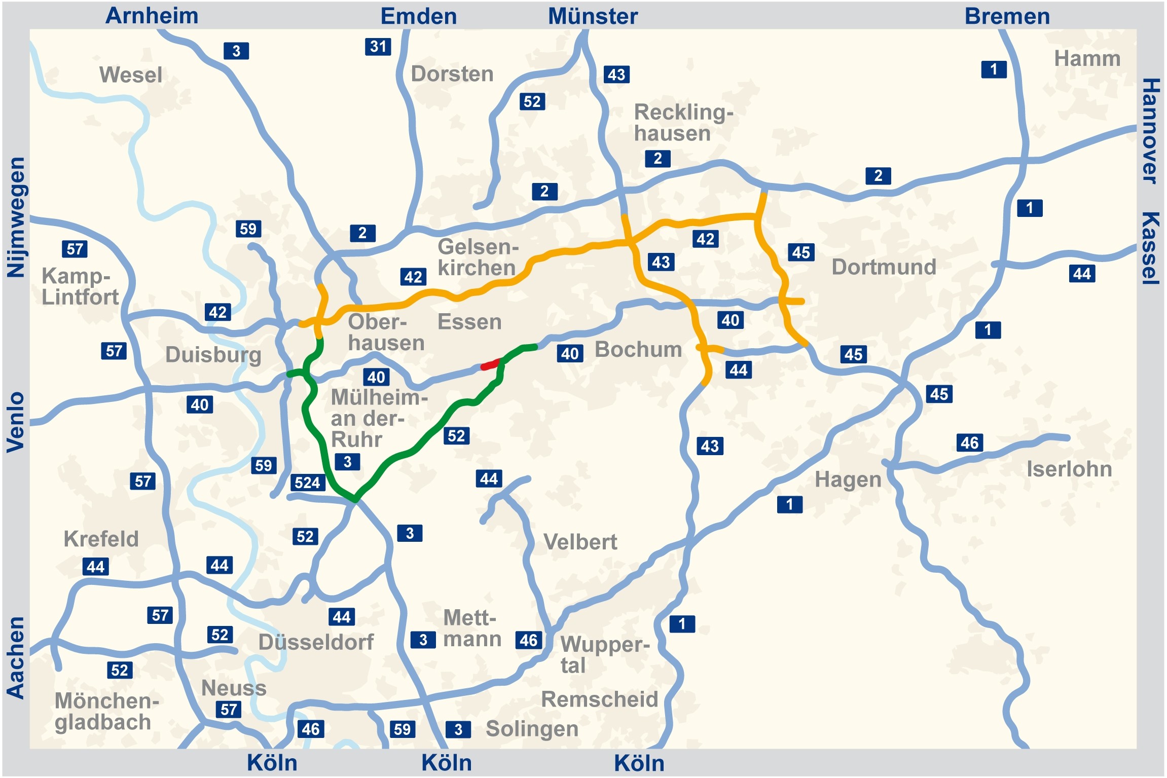 Wer Essen während der A40-Sperrung weiträumig umfahren kann, sollte die Umleitung über die A52 und die A3 nutzen.