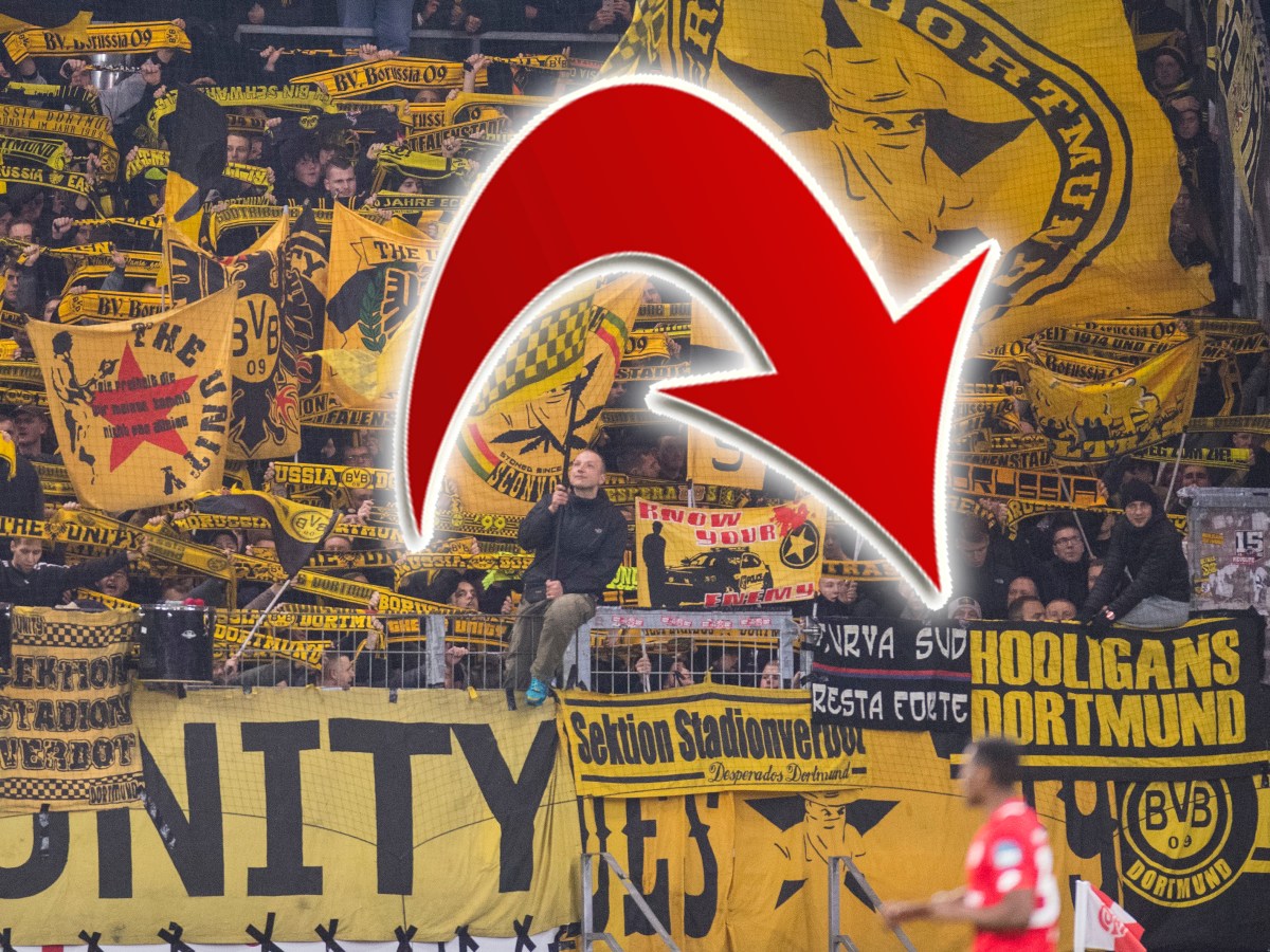 Eine Hooligans-Zaunfahne in der Kurve von Borussia Dortmund.