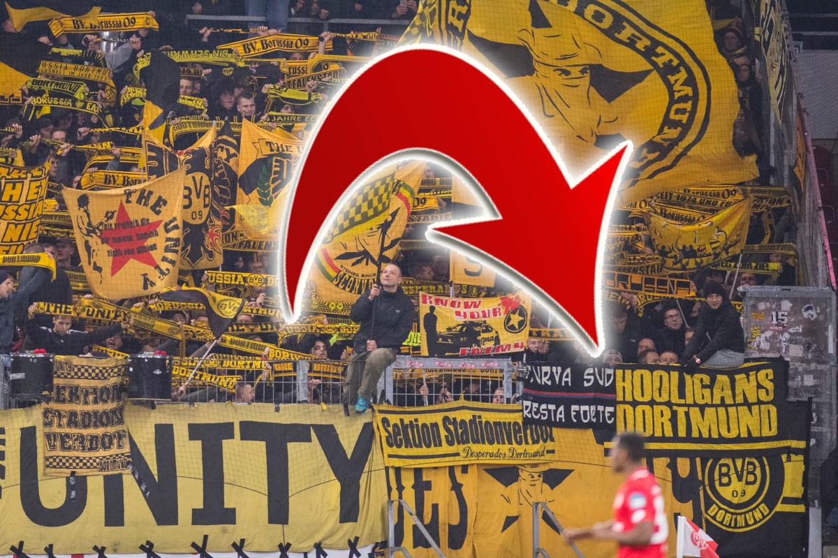 Eine Hooligans-Zaunfahne in der Kurve von Borussia Dortmund.
