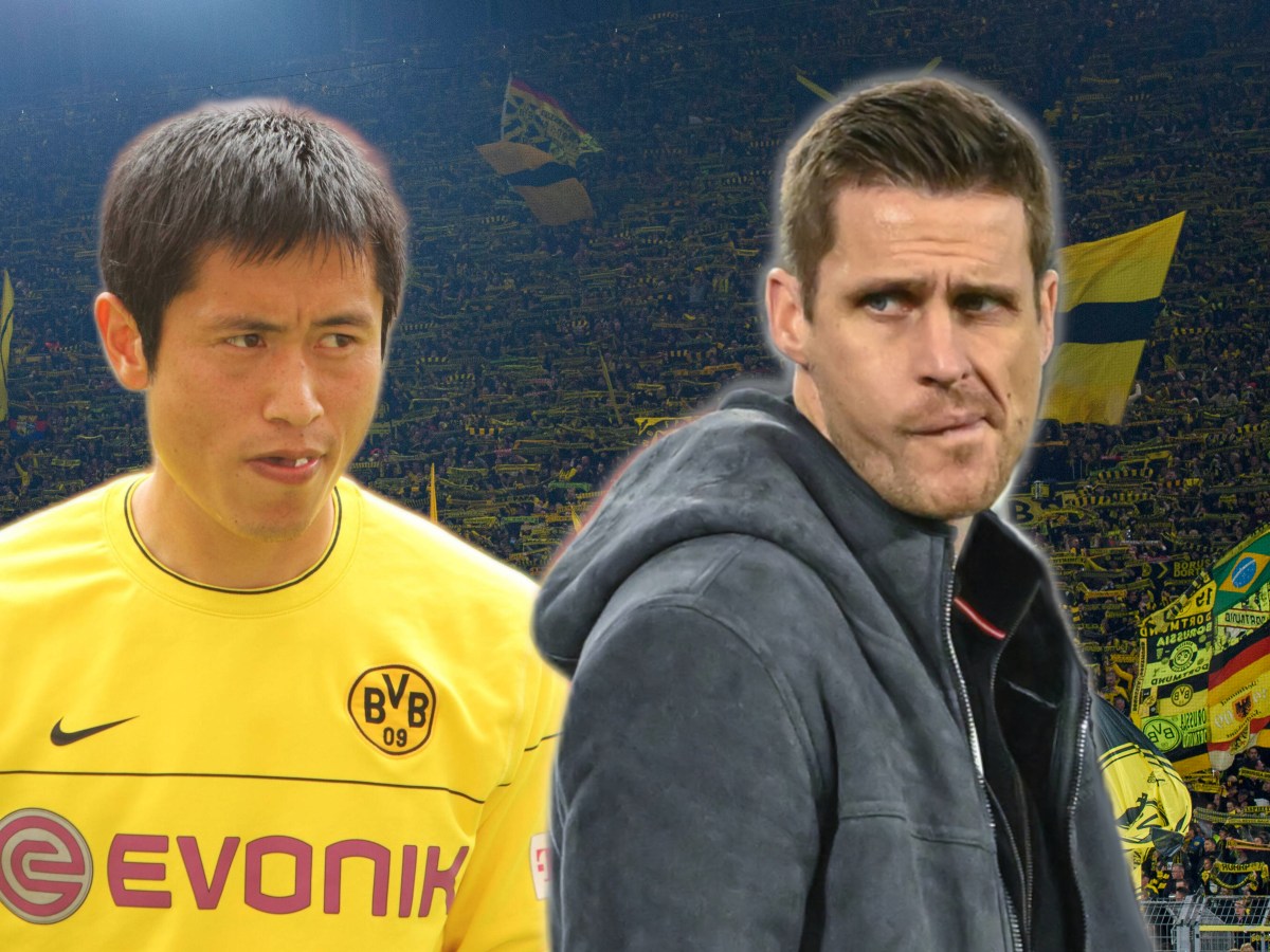 Borussia Dortmunds Sportdirektor Sebastian Kehl und Ex-BVB-Profi Young-pyo Lee schauen sich an.