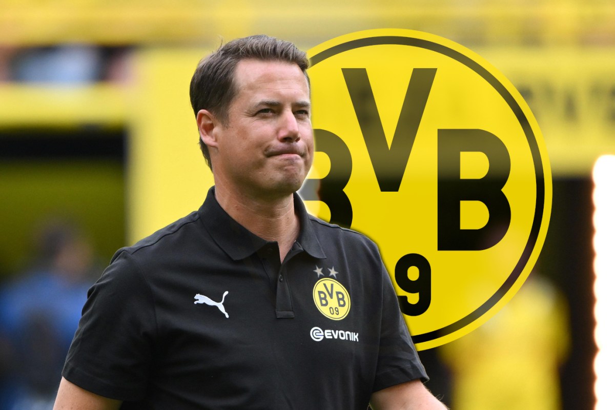 Lars Ricken guckt skeptisch neben einem Wappen von Borussia Dortmund.