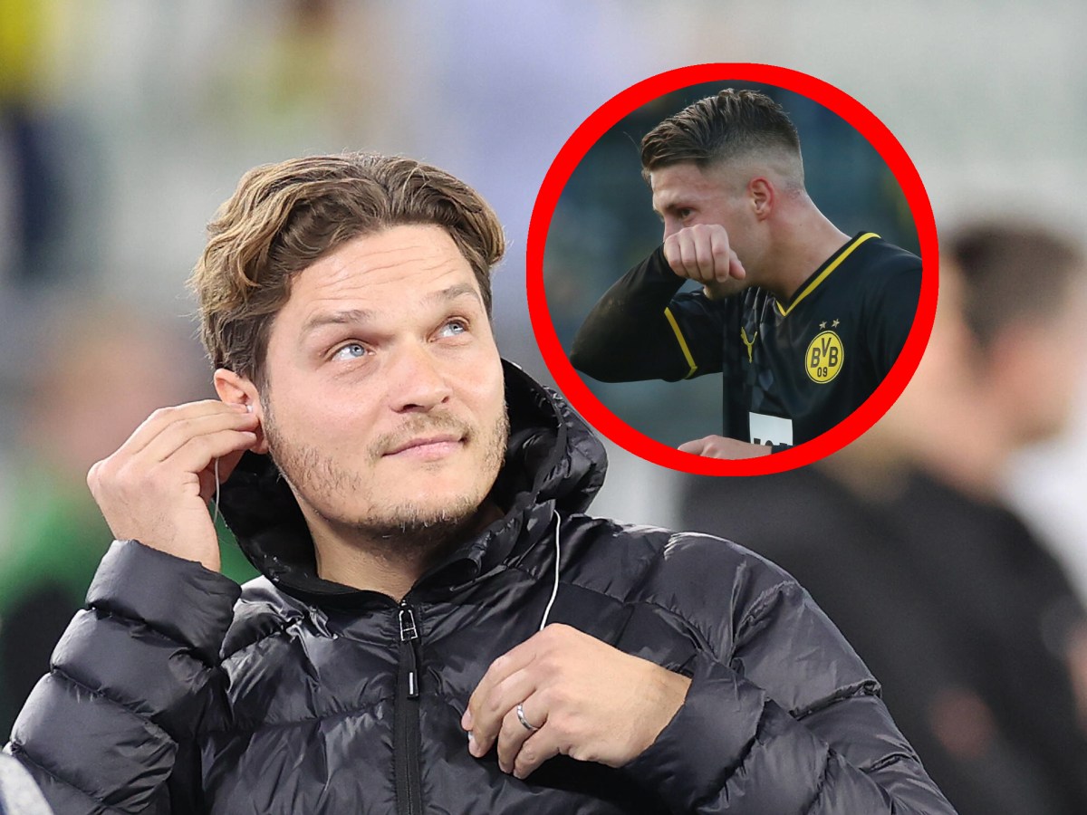 Borussia Dortmunds Trainer Edin Terzic schaut auf Marco Pasalic.