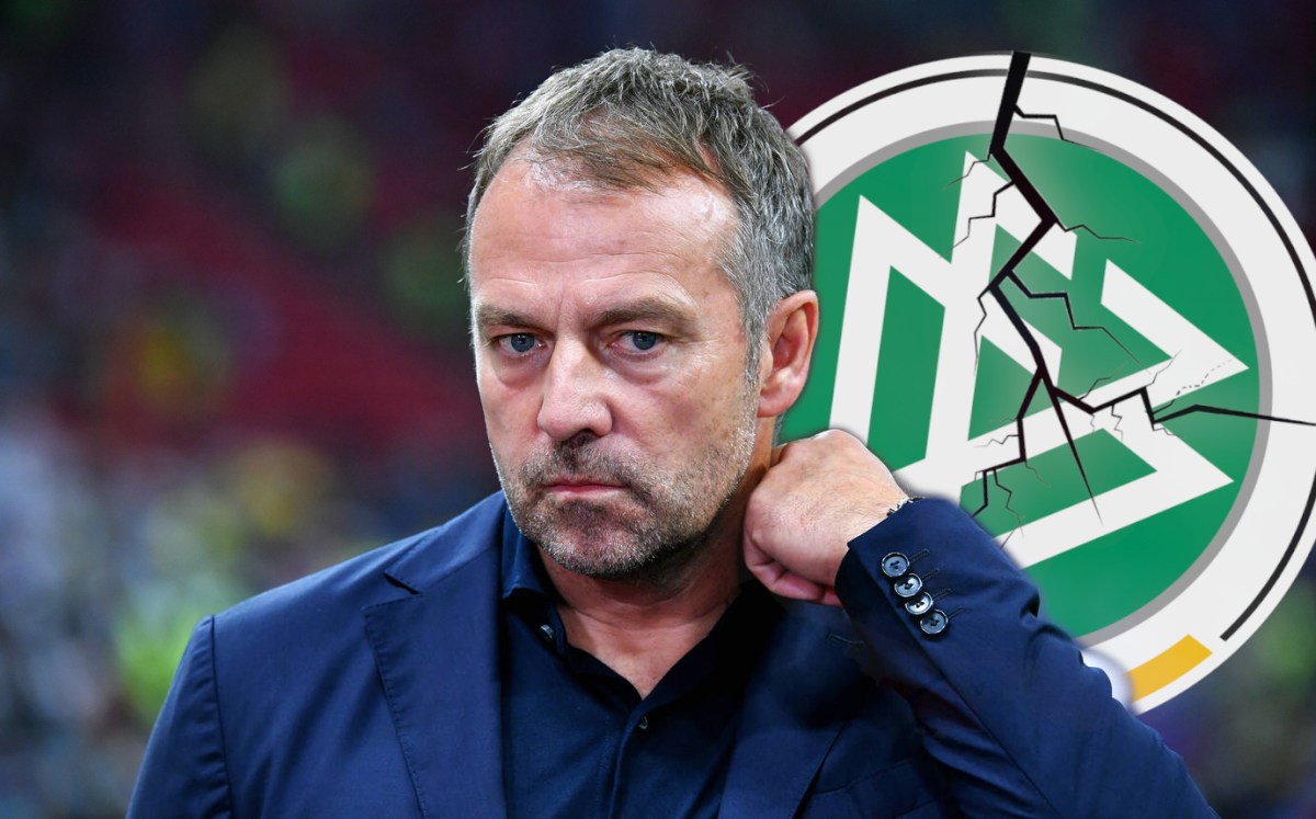 Hansi Flick vor dem Logo des DFB.