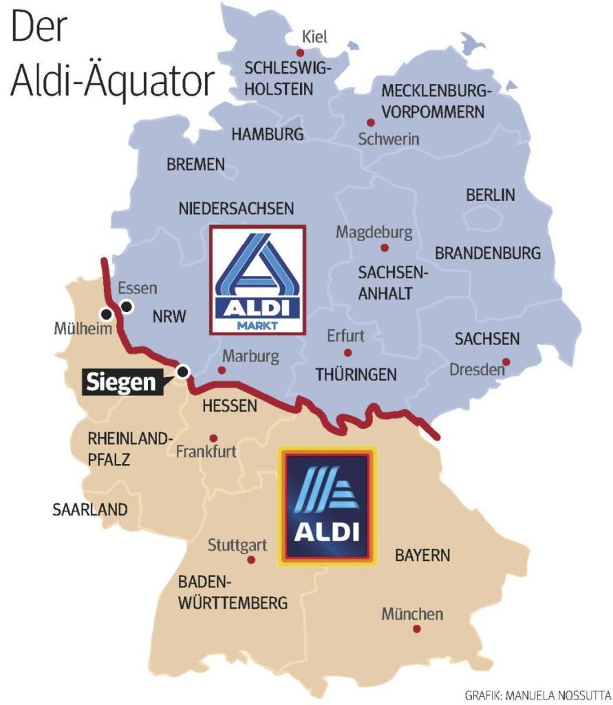 Deutschlandkarte mit Grenze zwischen Aldi Süd und Aldi Nord.