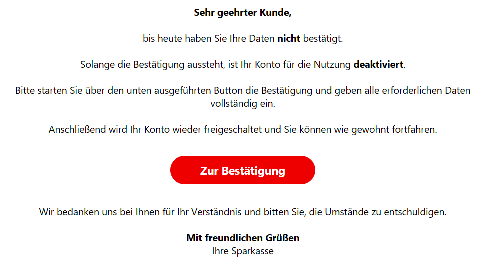 So könnte eine mögliche betrügerische E-Mail der Sparkasse aussehen.