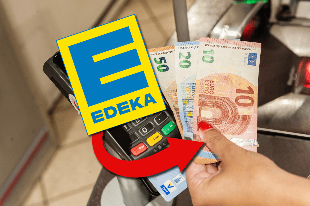 Edeka Logo mit Geldscheinen.