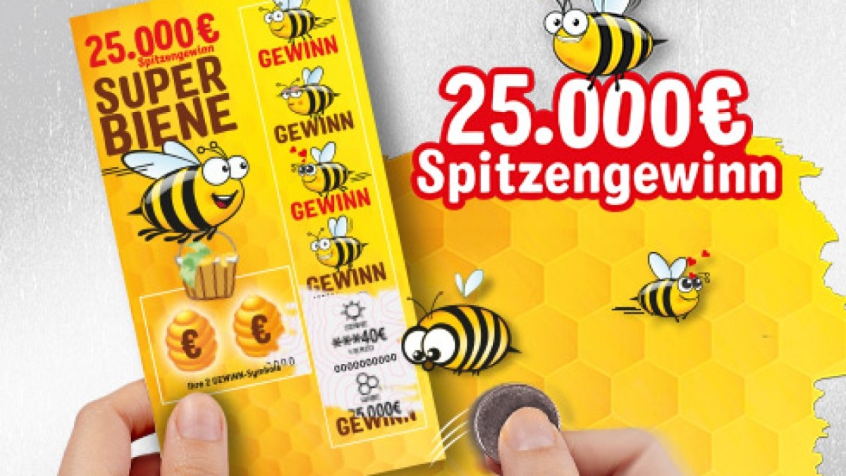 Frühlingsgefühle mit dem Rubbellos SUPER BIENE: Der Spitzengewinn liegt bei 25.000 Euro bei einer Gewinnchance von 1:300.000. Wem würde das nicht ein Strahlen ins Gesicht zaubern?