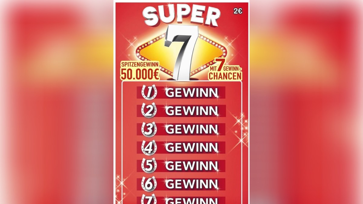 Jedes Rubbellos der SUPER 7 bietet sieben Gewinnchancen. Wer unter den Zahlen 1 bis 7 eine 7 aufrubbelt, gewinnt den danebenstehenden Betrag. Mehrfachgewinne sind möglich, der Spitzengewinn beträgt 50.000 Euro (Chance 1:1,9 Mio.).