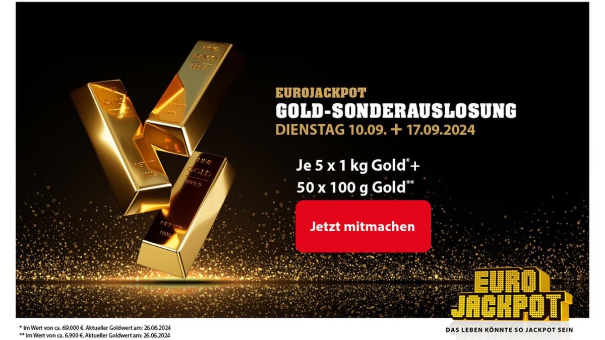 Kleine und große Goldbarren (5 x 1 kg Gold und 50 x 100 g Gold) kann man bei den Dienstagsziehungen von Eurojackpot am 10. und 17. September zu gewinnen.