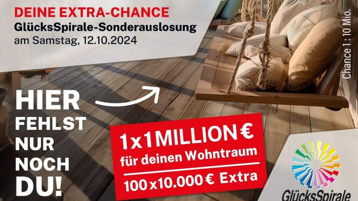 Der persönliche Wohntraum lässt sich mit einer Million Euro bestimmt verwirklichen. Um diese Summe geht es zusätzlich bei der Sonderauslosung der GlücksSpirale am 12. Oktober.