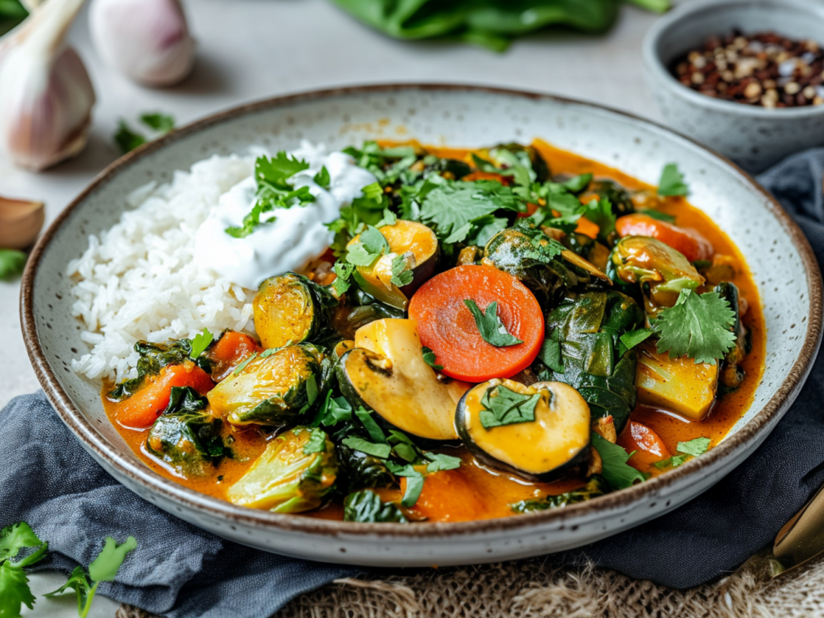 Ein groÃŸer Teller Rosenkohl-Curry mit Karotten, Spinat und Champignons, das mit Reis und einem Klecks Joghurt serviert wird. Garniert ist das Ganze mit frischem Koriander. Der Teller steht auf einer hellen Arbeitsplatte auf einem dunklen Tuch. Rings um den Teller liegt eine Knoblauchknolle, frischer Koriander, ein goldener LÃ¶ffel sowie ein einzelner Pilz. AuÃŸerdem kann man eine kleine Schale mit PfefferkÃ¶rnern und Blattspinat im Hintergrund erkennen.