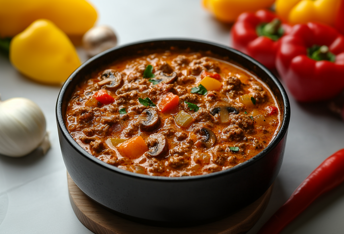 Eine SchÃ¼ssel Paprikatopf mit Hackfleisch und Pilzen, drumherum einige frische Zutaten.