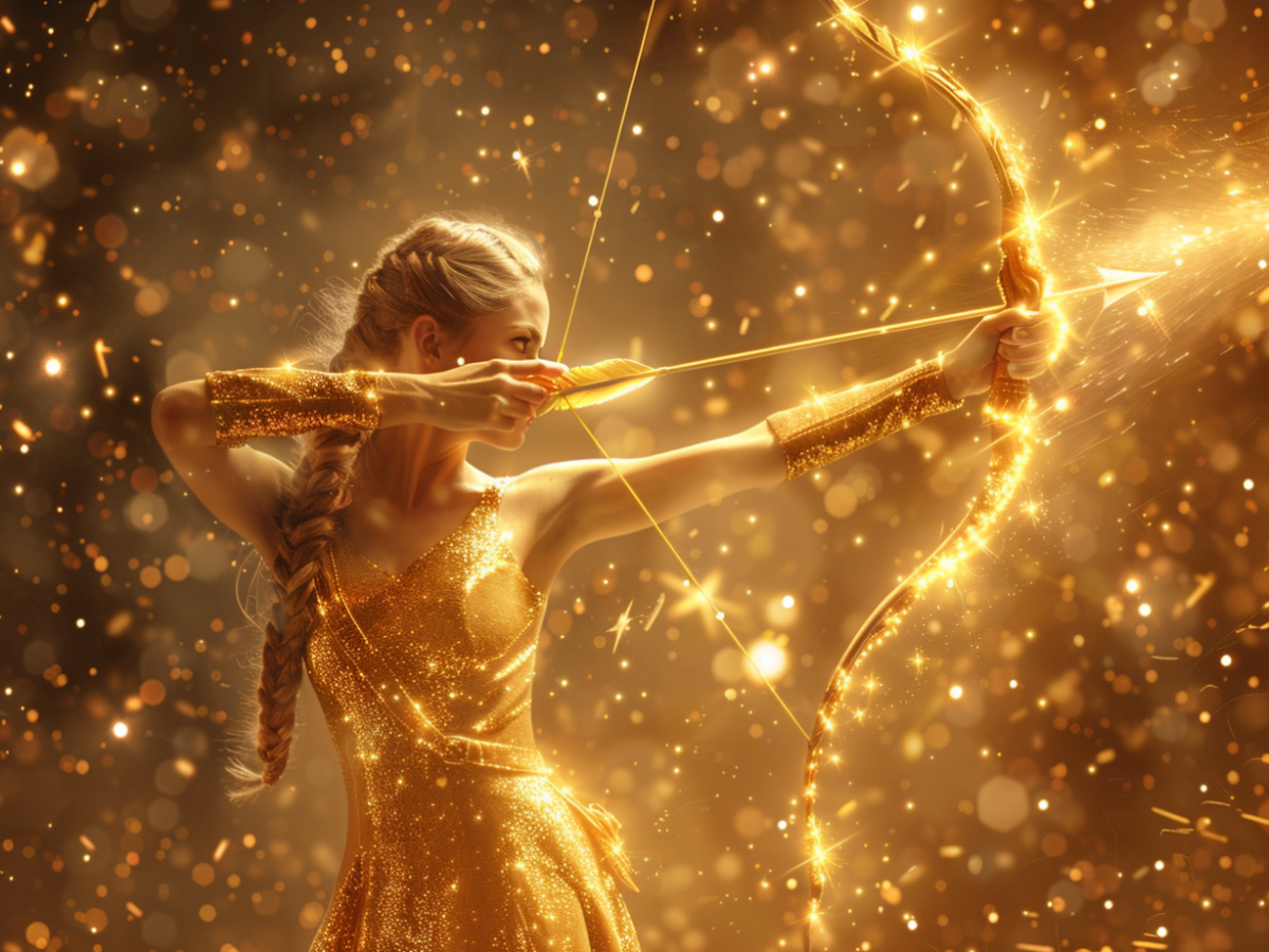 Frau im goldenen Universum mit Pfeil und Bogen