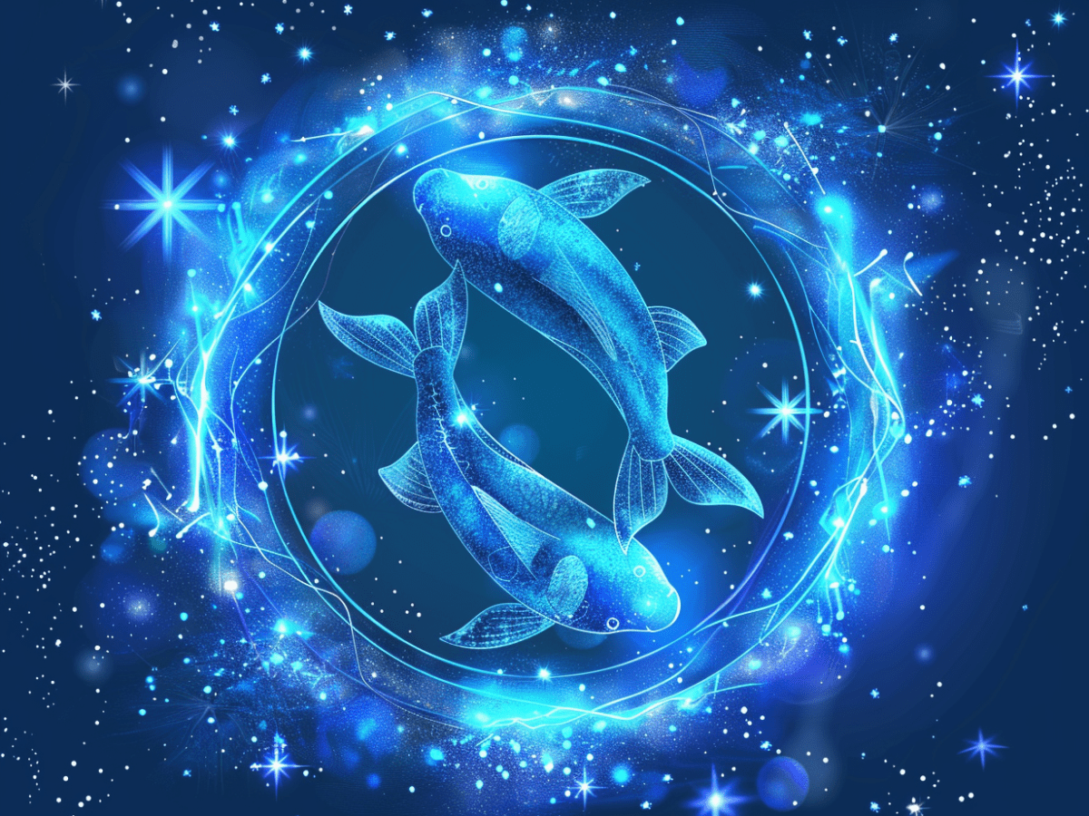 Zwei Fische im blauen Kreis mit Sternen